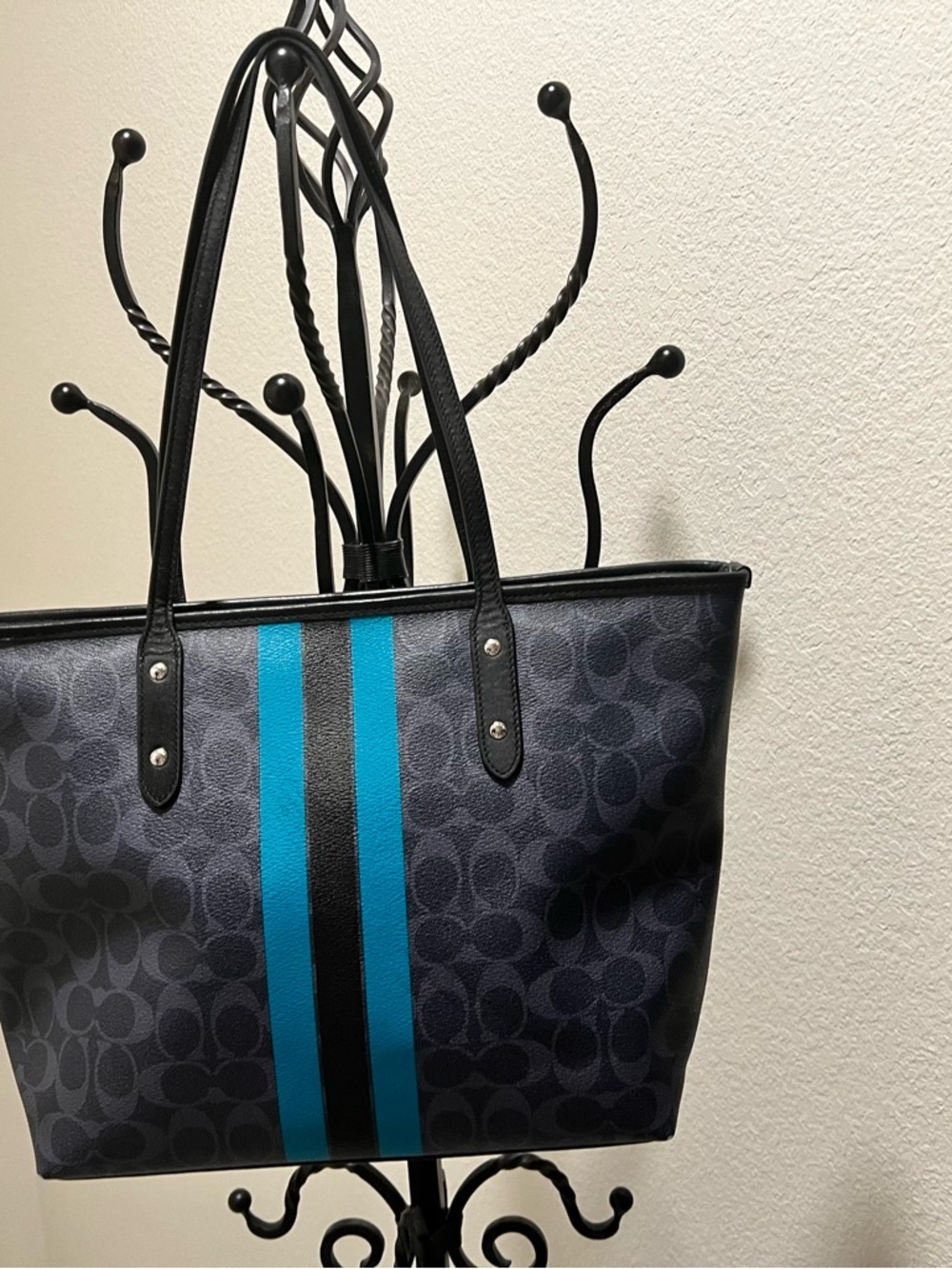 Coach Navy Signature Tote with Teal and Black Racing Stripes - Picture 2 of 15